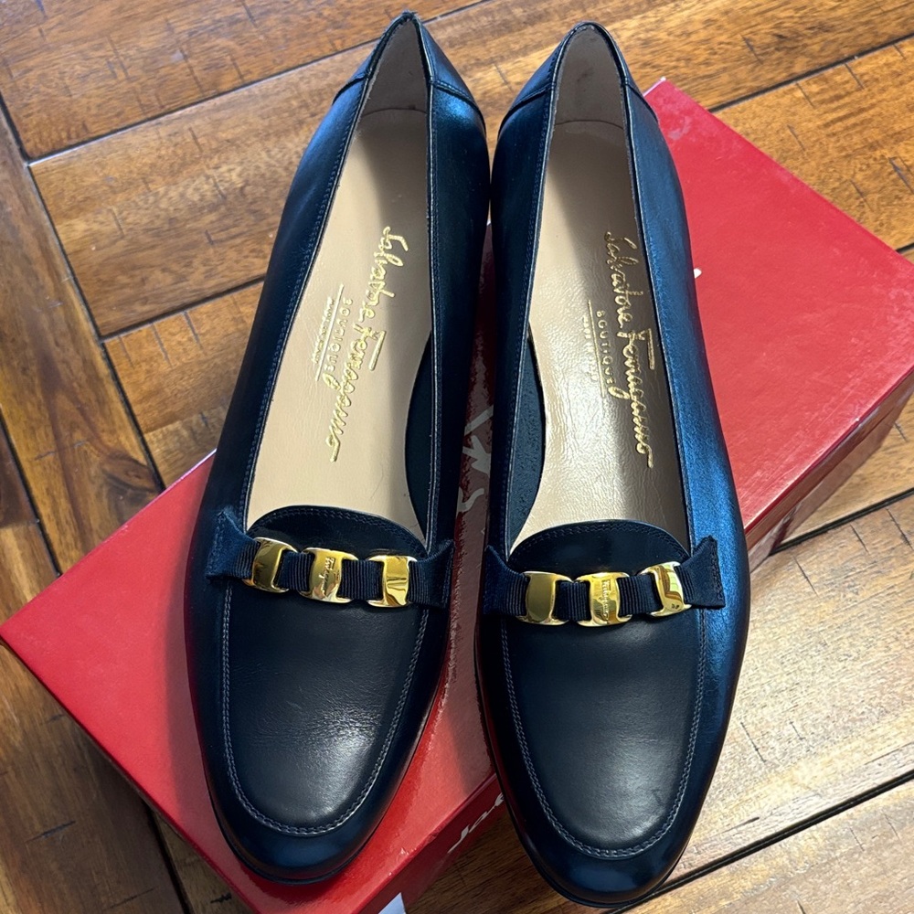 Salvatore Ferragamo Women's Navy Loafers with Gold Detail